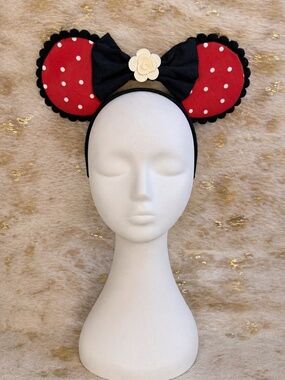 Handmade Minnie Mouse Ears Headband Red Polka Dot Black Bow Flower Disney Inspir